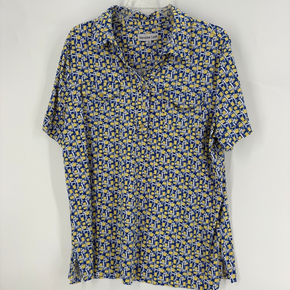 Southern Lady 1X Blue Yellow Abstract Print Short Sleeve Button Down Shirt